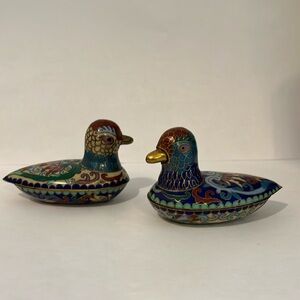 Set of 2 Vintage duck brass & cloisonné trinket boxes